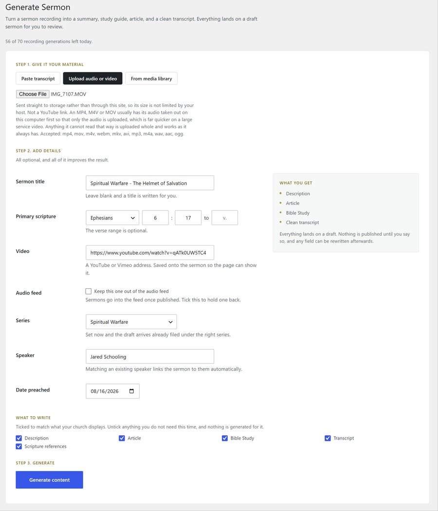 Generate Sermon admin screen