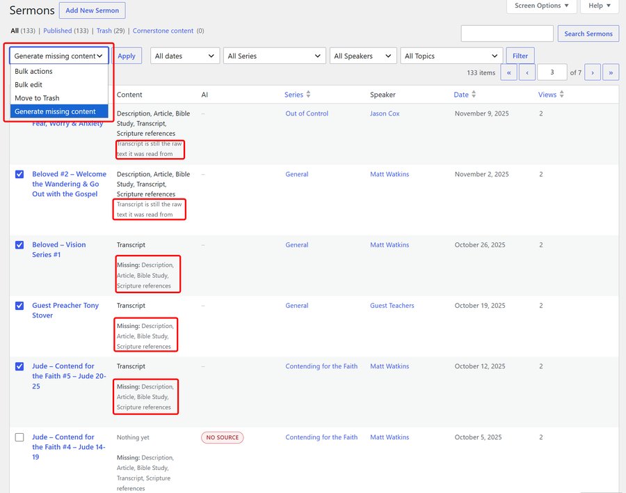 Bulk content generation admin screen
