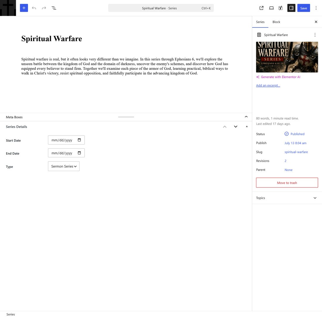 Series management admin screen
